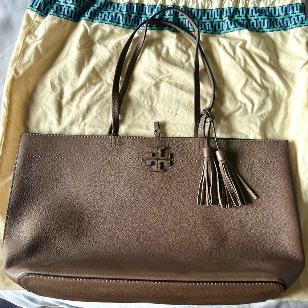 Tory Burch McGraw Leather Tote Bag- gray